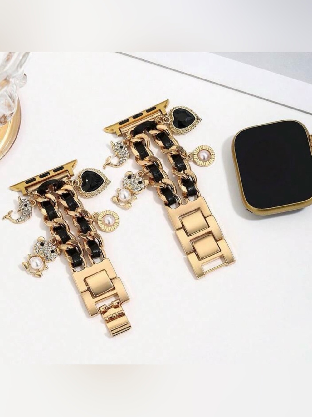 Gold Chain Charm Apple Watch Band with Black leather 38-49mm